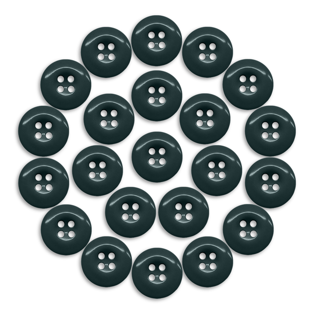 Twenty-four Work Pants Buttons in dark green are arranged in a circular pattern on a white background.