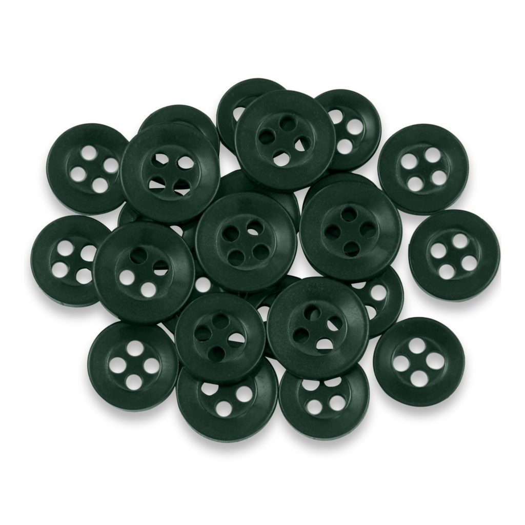 Replacement Shirt Buttons—durable, dark green, four-hole design—are neatly arranged on a white background, making them an ideal addition to any tailor's kit.