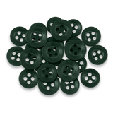 Replacement Shirt Buttons—durable, dark green, four-hole design—are neatly arranged on a white background, making them an ideal addition to any tailor's kit.