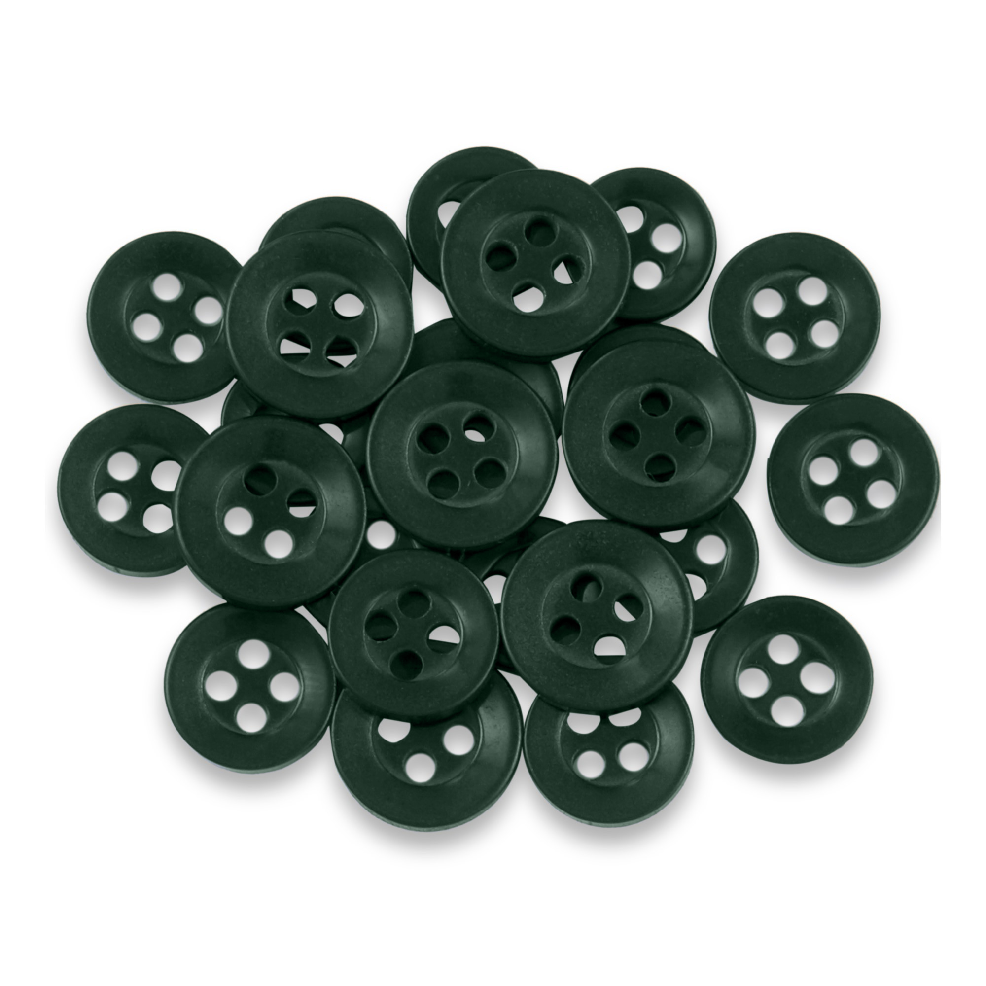 Replacement Shirt Buttons—durable, dark green, four-hole design—are neatly arranged on a white background, making them an ideal addition to any tailor's kit.