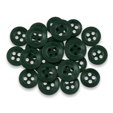 Replacement Shirt Buttons—durable, dark green, four-hole design—are neatly arranged on a white background, making them an ideal addition to any tailor's kit.