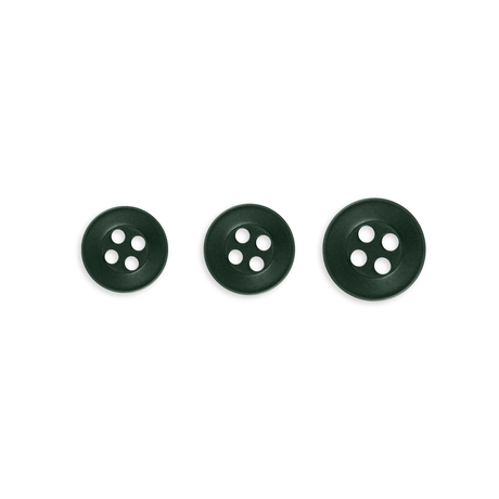 Three Replacement Shirt Buttons in dark green poly-nylon, assorted sizes, perfect for any tailor's kit and shown on a white background.