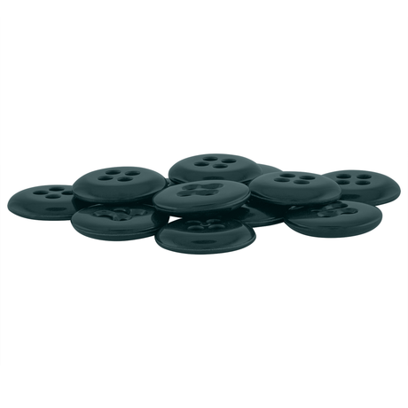 A pile of Suspender Brace Pant Buttons, black with four holes, is arranged on a white background.