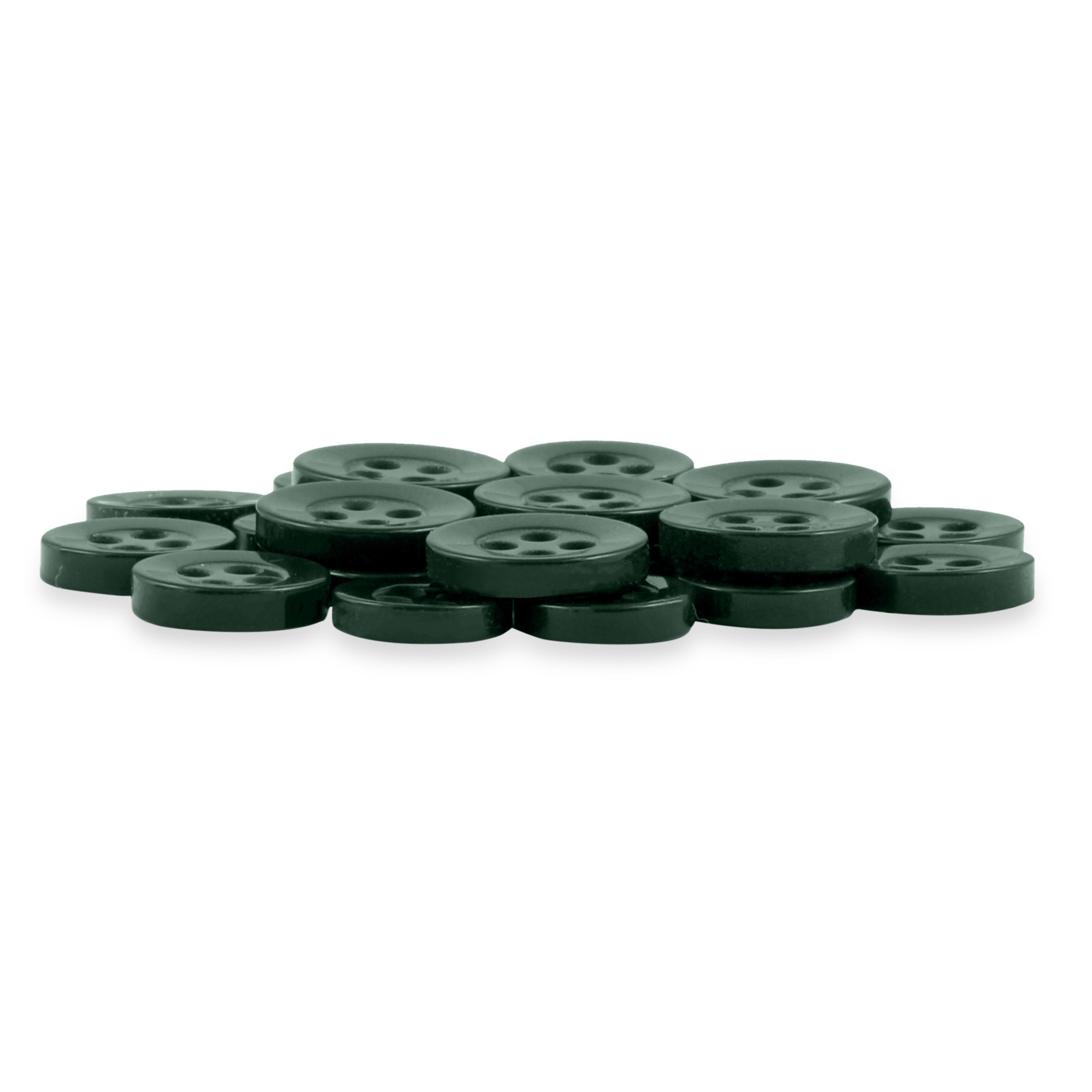 A pile of Replacement Shirt Buttons in dark green, round, four-hole poly-nylon, displayed on a white background—an ideal addition to any tailor's kit.