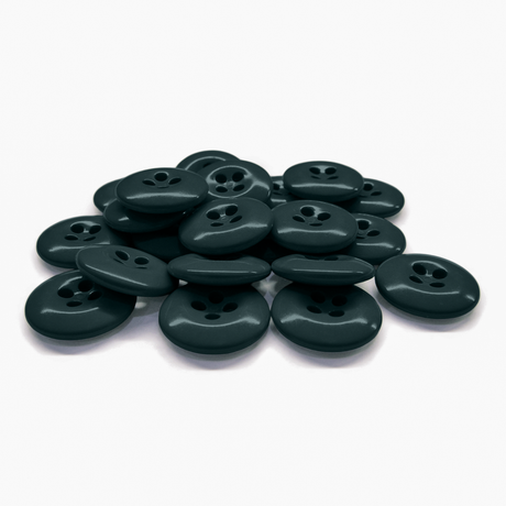 A pile of dark green, round Work Pants Buttons with four holes is displayed on a white background.