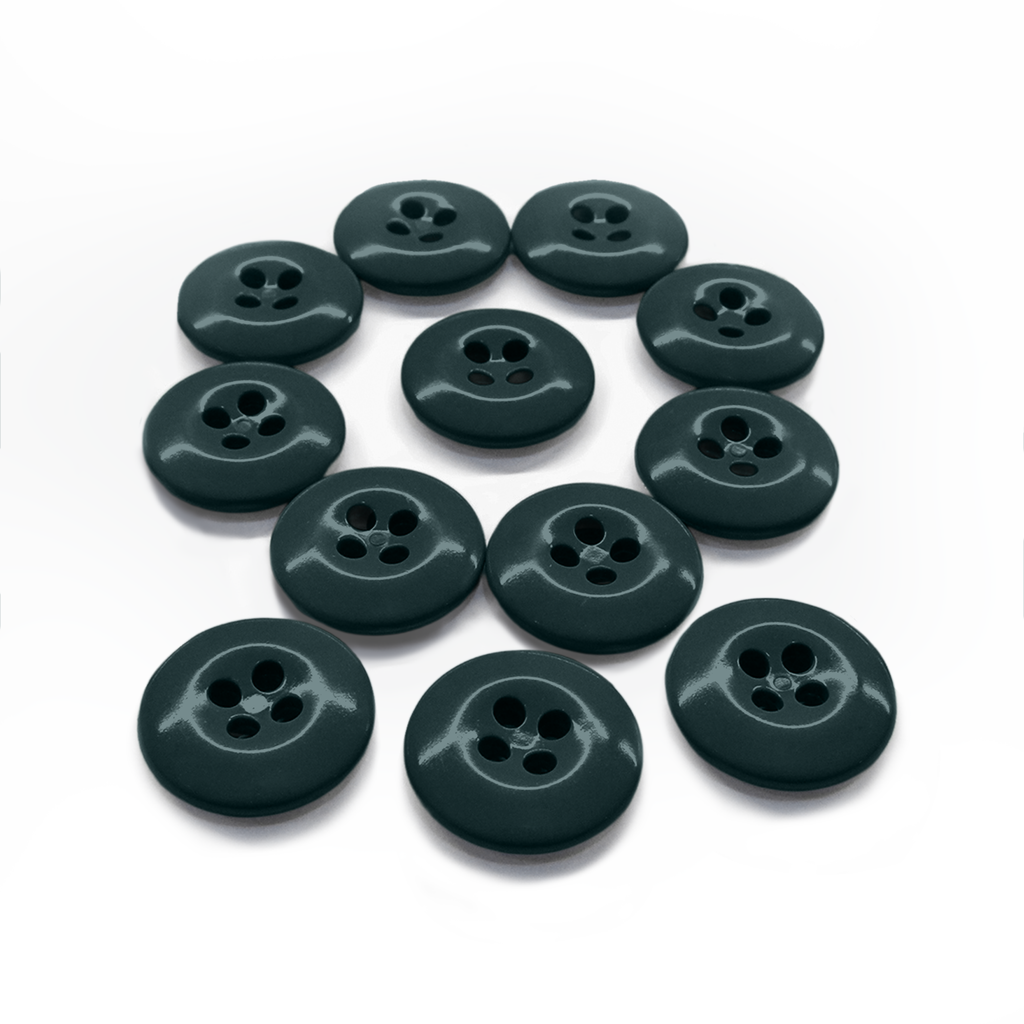 Twelve dark green Work Pants Buttons, each with four holes and military-grade quality, arranged in a loose circle on a white background.