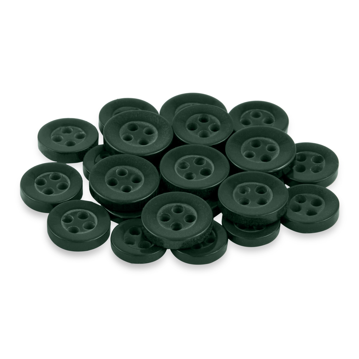 A set of dark green Replacement Shirt Buttons, each with four holes and a durable design, is closely grouped together on a white background.