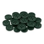 A set of dark green Replacement Shirt Buttons, each with four holes and a durable design, is closely grouped together on a white background.