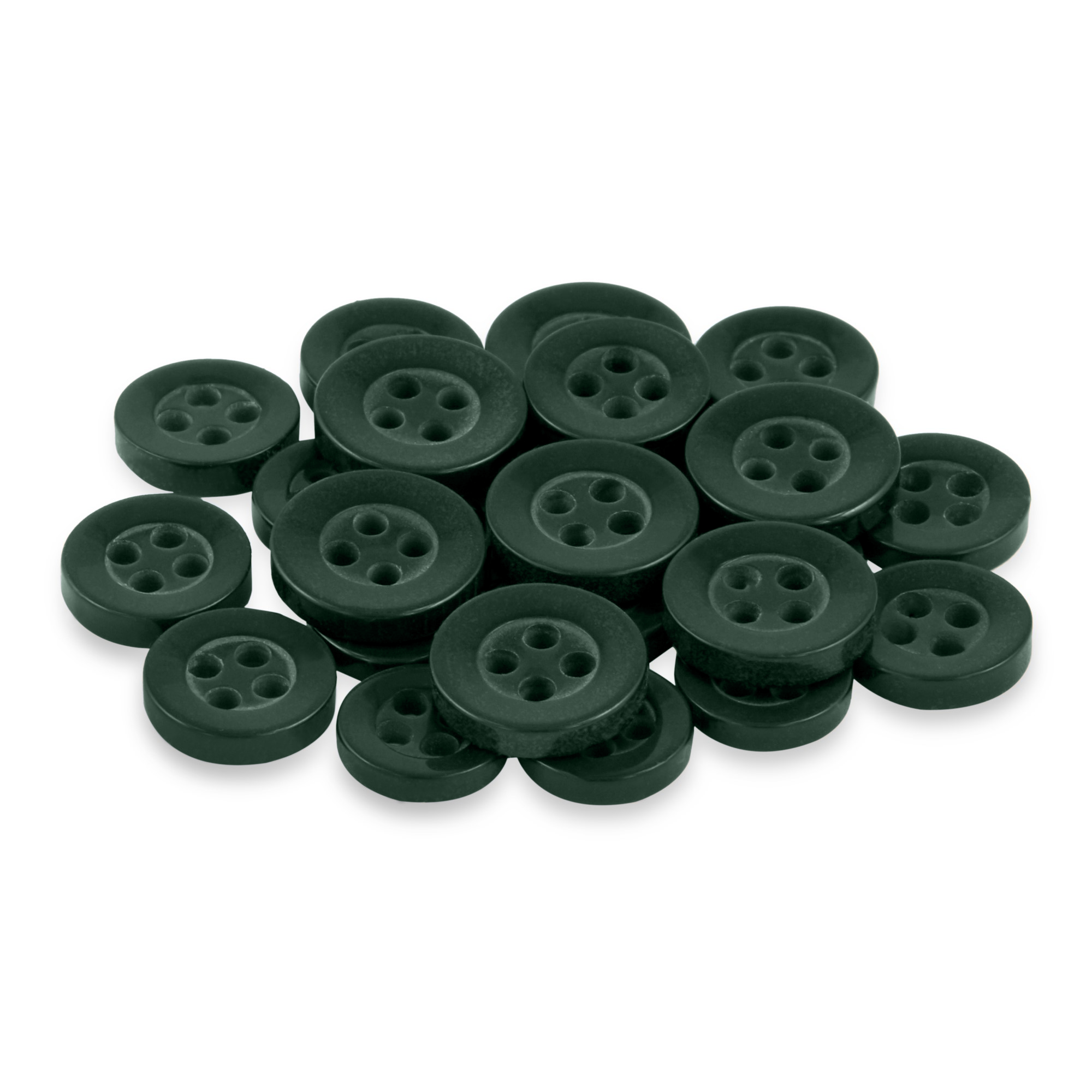 A set of dark green Replacement Shirt Buttons, each with four holes and a durable design, is closely grouped together on a white background.