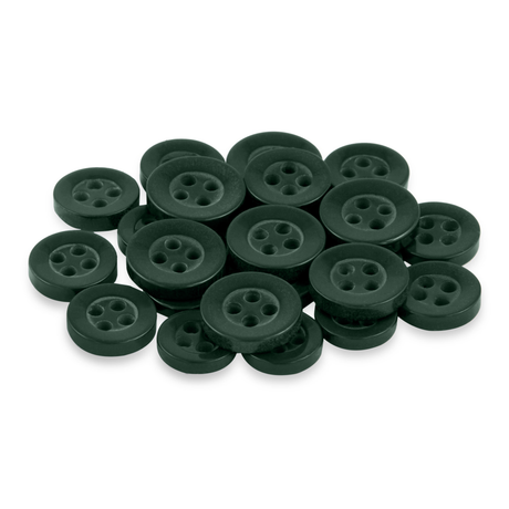 A set of dark green Replacement Shirt Buttons, each with four holes and a durable design, is closely grouped together on a white background.