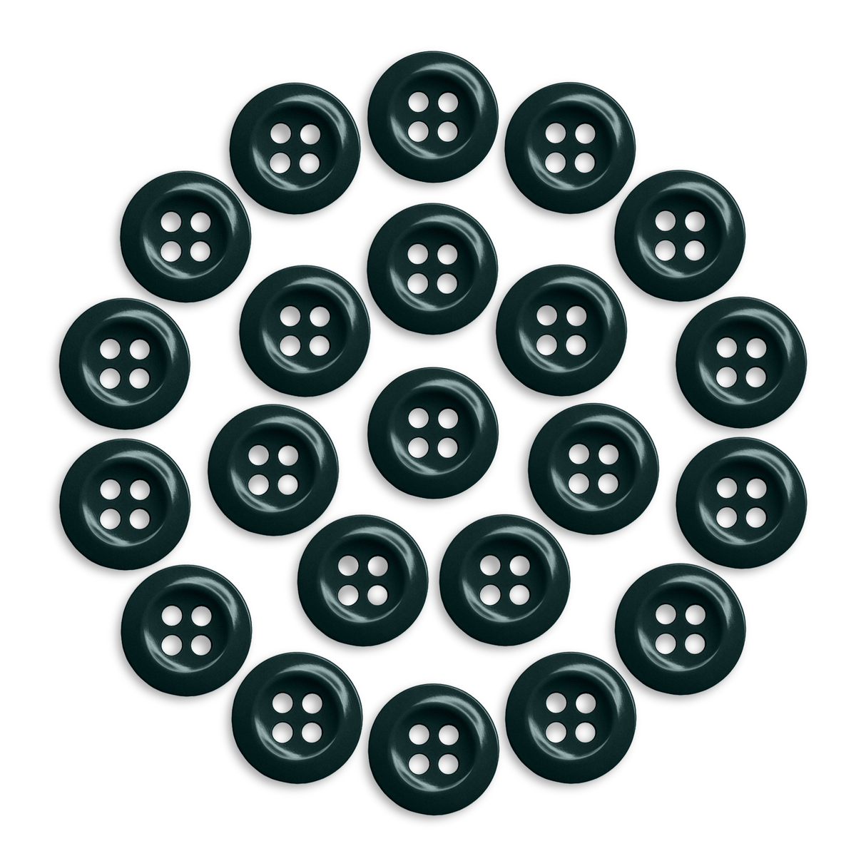 Twenty black Work Shirt Buttons, military spec, each with four holes arranged in a circular pattern, displayed on a white background.