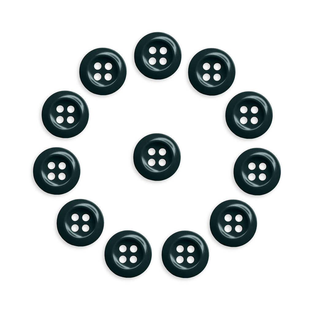 Twelve Work Shirt Buttons 12 Pack, black and industrial style, arranged in a circle with one in the center on a white background.