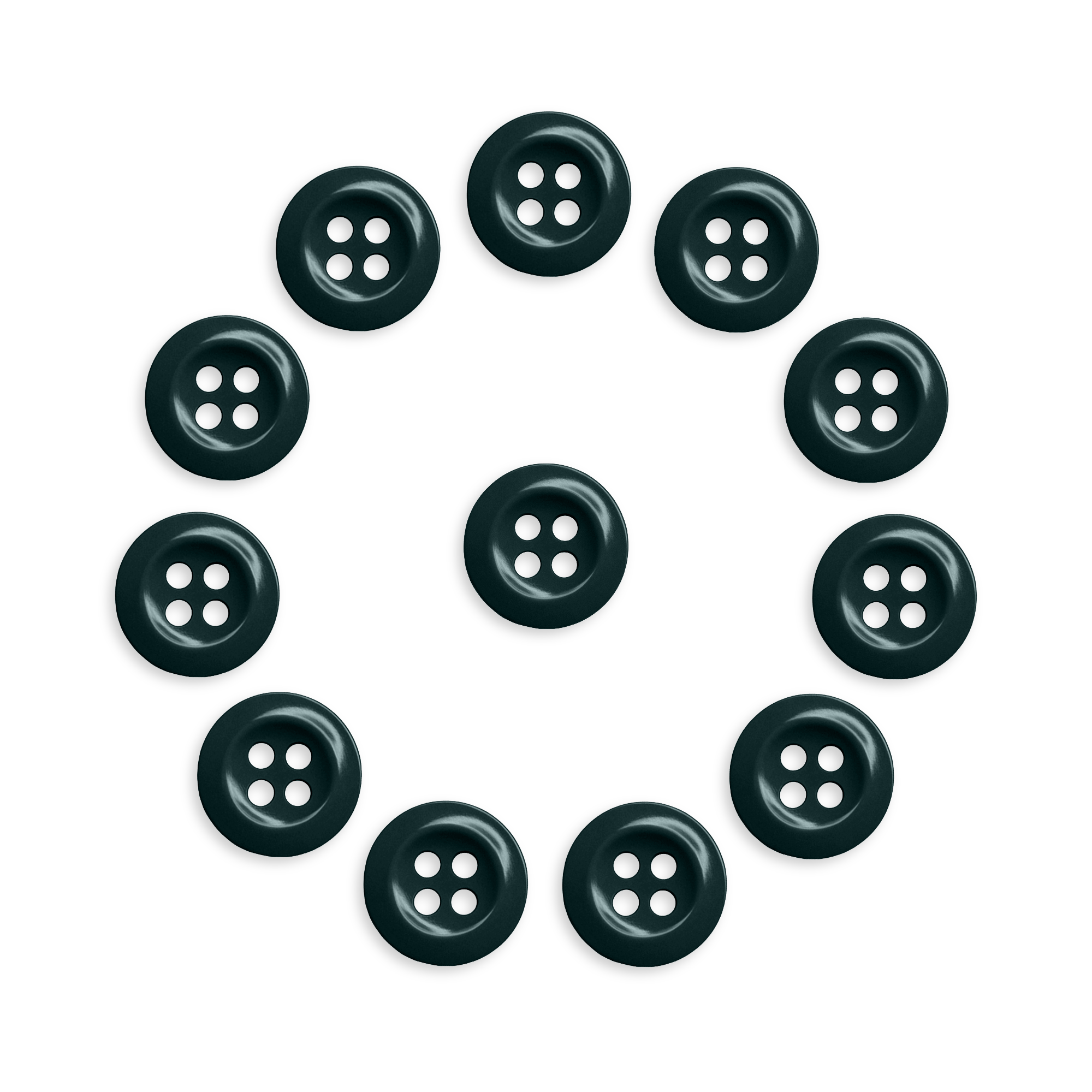 Twelve Work Shirt Buttons 12 Pack, black and industrial style, arranged in a circle with one in the center on a white background.