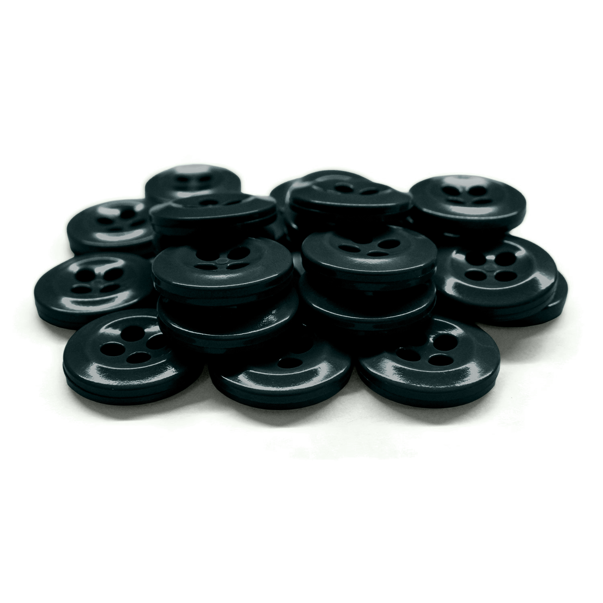 A pile of black, round Work Shirt Buttons with four holes, meeting military specs, displayed on a white background.