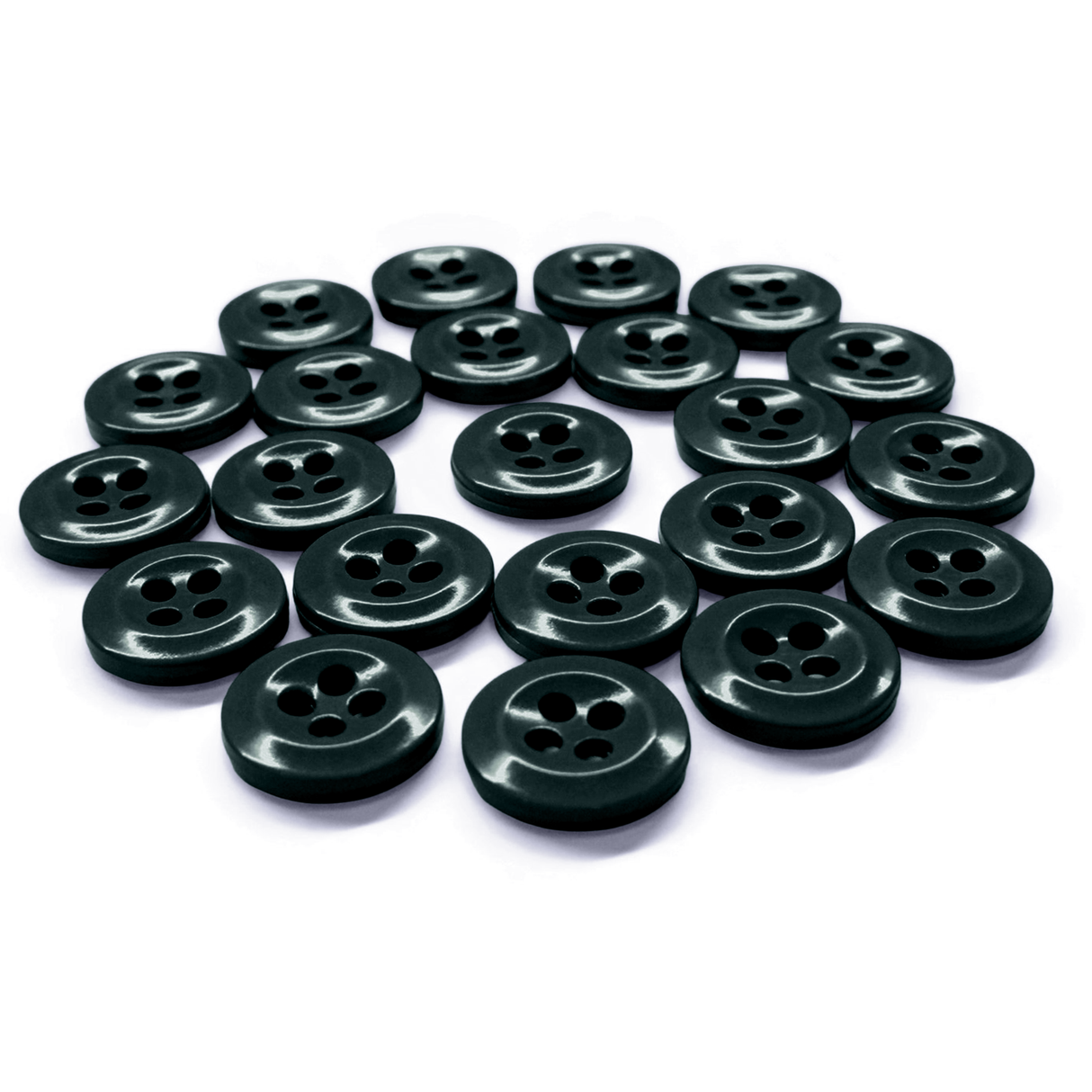 A set of Work Shirt Buttons in dark green, military spec style with four holes in a circular pattern displayed on a white background.