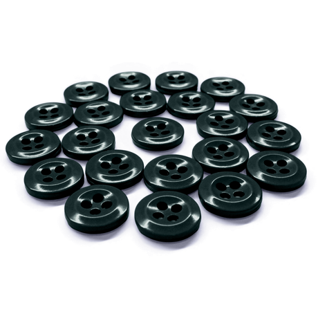 A set of Work Shirt Buttons in dark green, military spec style with four holes in a circular pattern displayed on a white background.
