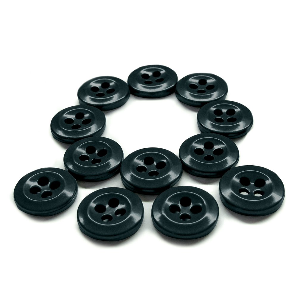 A 12-pack of Work Shirt Buttons, each black with four holes and military spec, arranged in a circle on a white background.