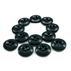 A 12-pack of Work Shirt Buttons, each black with four holes and military spec, arranged in a circle on a white background.
