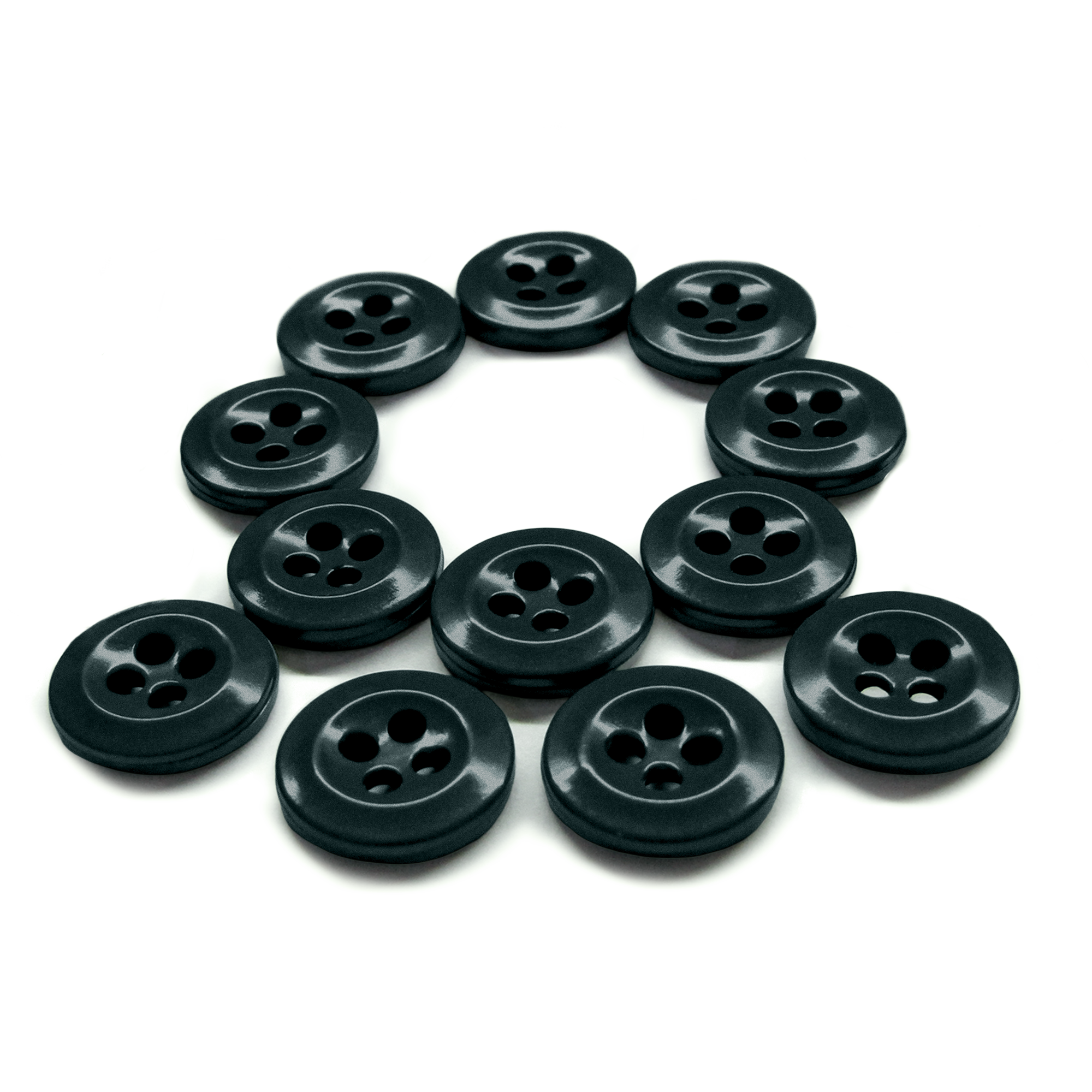 A 12-pack of Work Shirt Buttons, each black with four holes and military spec, arranged in a circle on a white background.