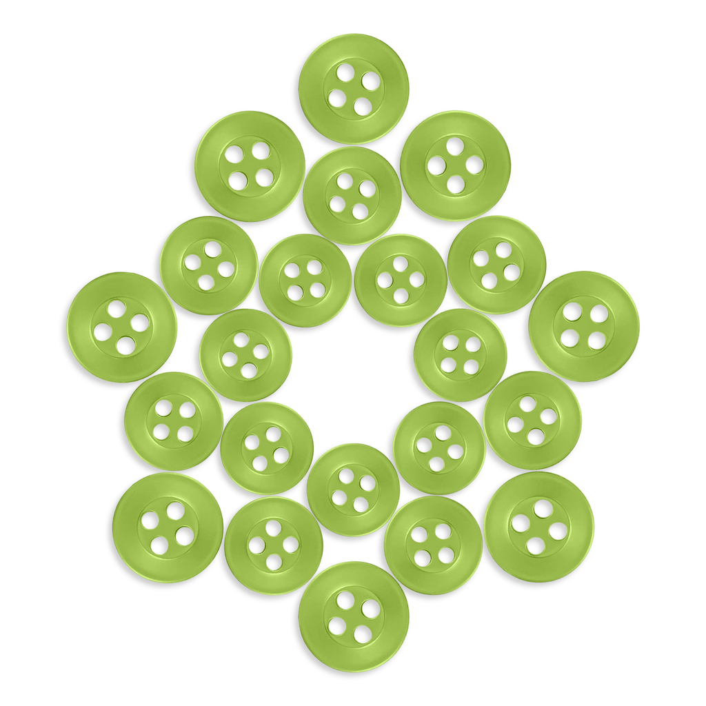 Twenty-four Replacement Shirt Buttons in green poly-nylon are arranged in a star shape on a white background.