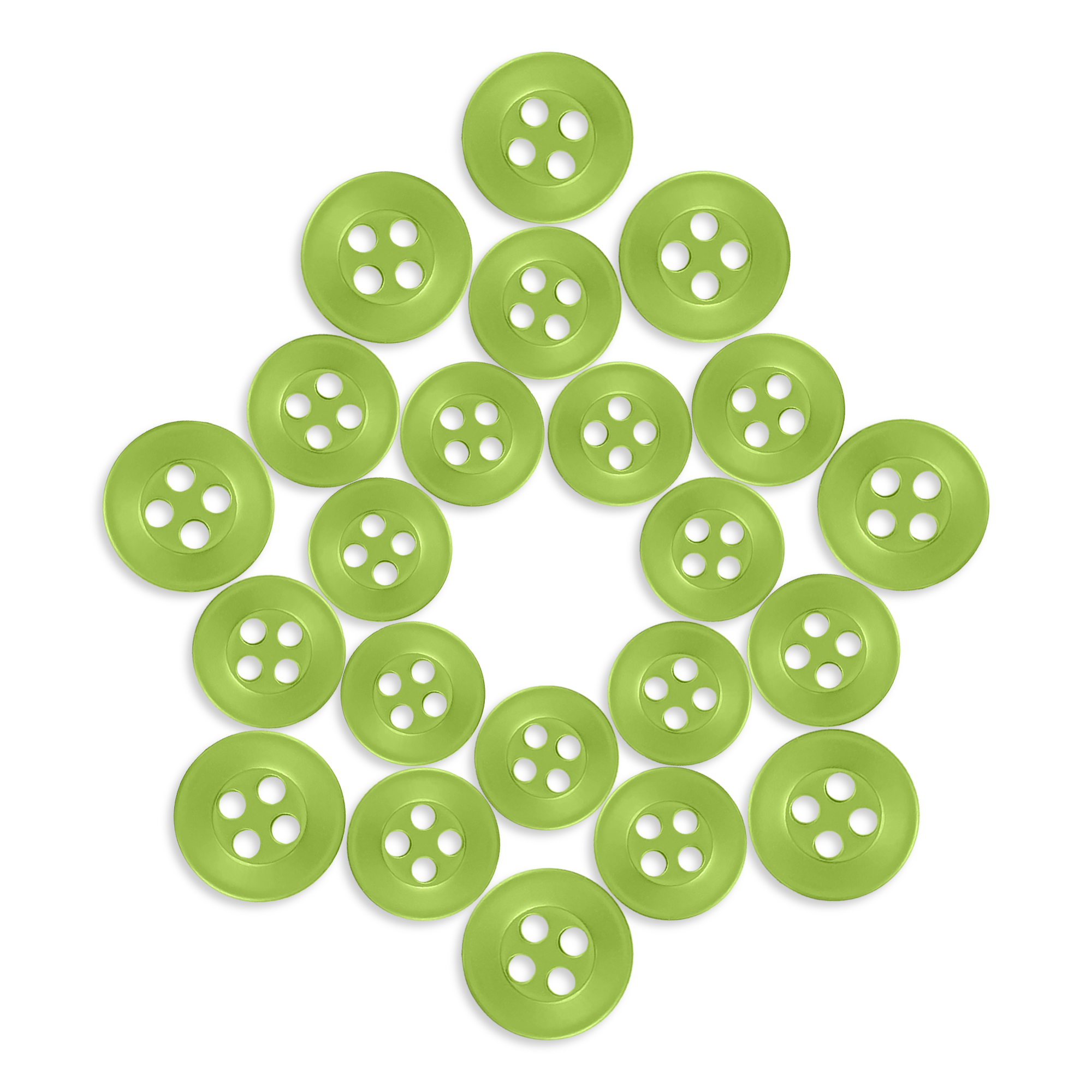 Twenty-four Replacement Shirt Buttons in green poly-nylon are arranged in a star shape on a white background.