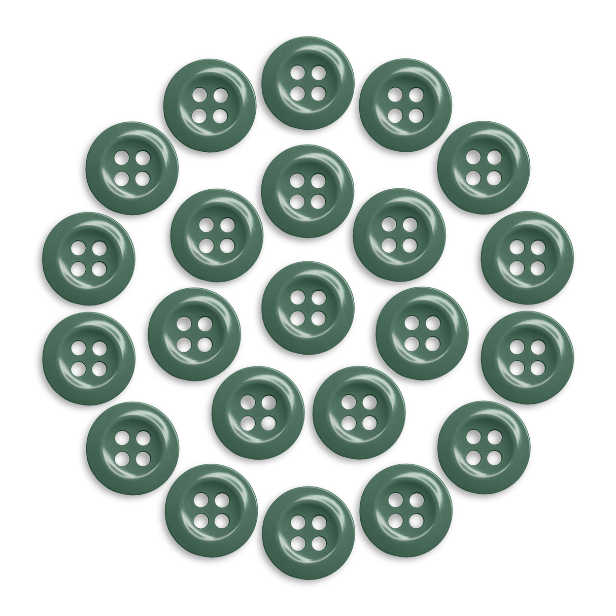 Twenty-one Work Shirt Buttons in green, military spec, displayed in a circular pattern on a white background.