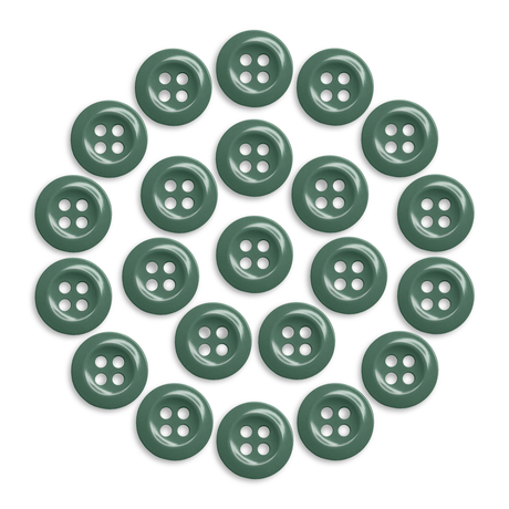 Twenty-one Work Shirt Buttons in green, military spec, displayed in a circular pattern on a white background.