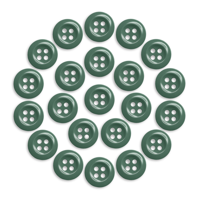 Twenty-one Work Shirt Buttons in green, military spec, displayed in a circular pattern on a white background.