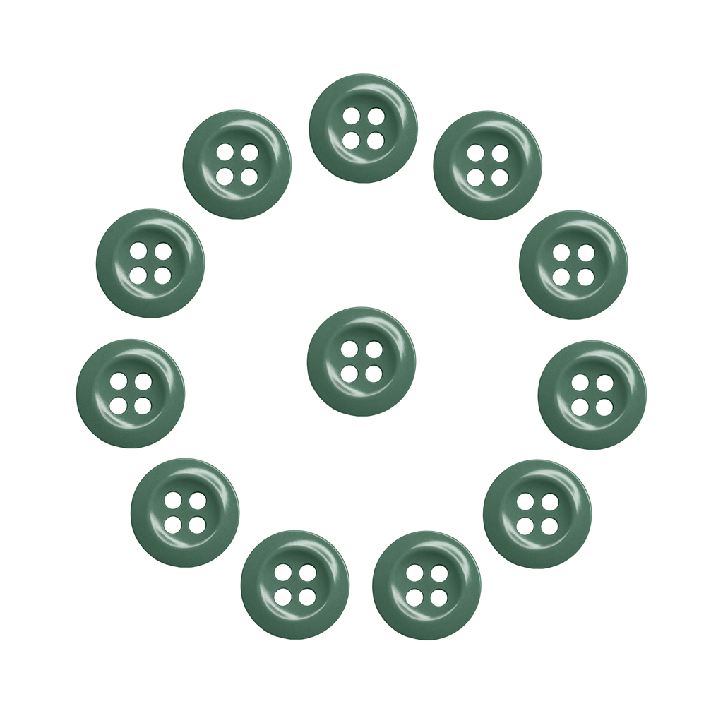 Twelve Work Shirt Buttons from the 12 Pack, military green, arranged in a circle with one in the center on a white background.
