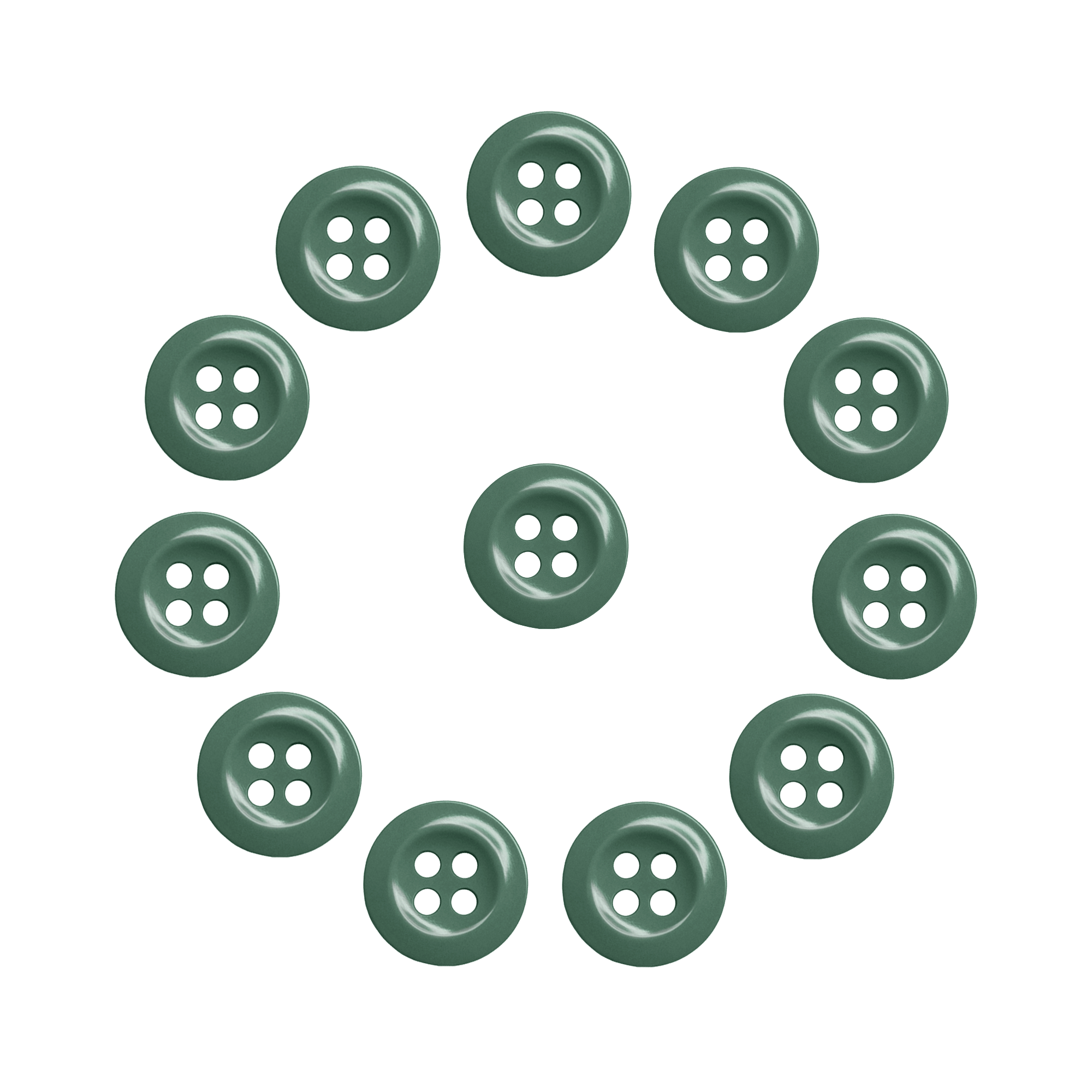 Twelve Work Shirt Buttons from the 12 Pack, military green, arranged in a circle with one in the center on a white background.
