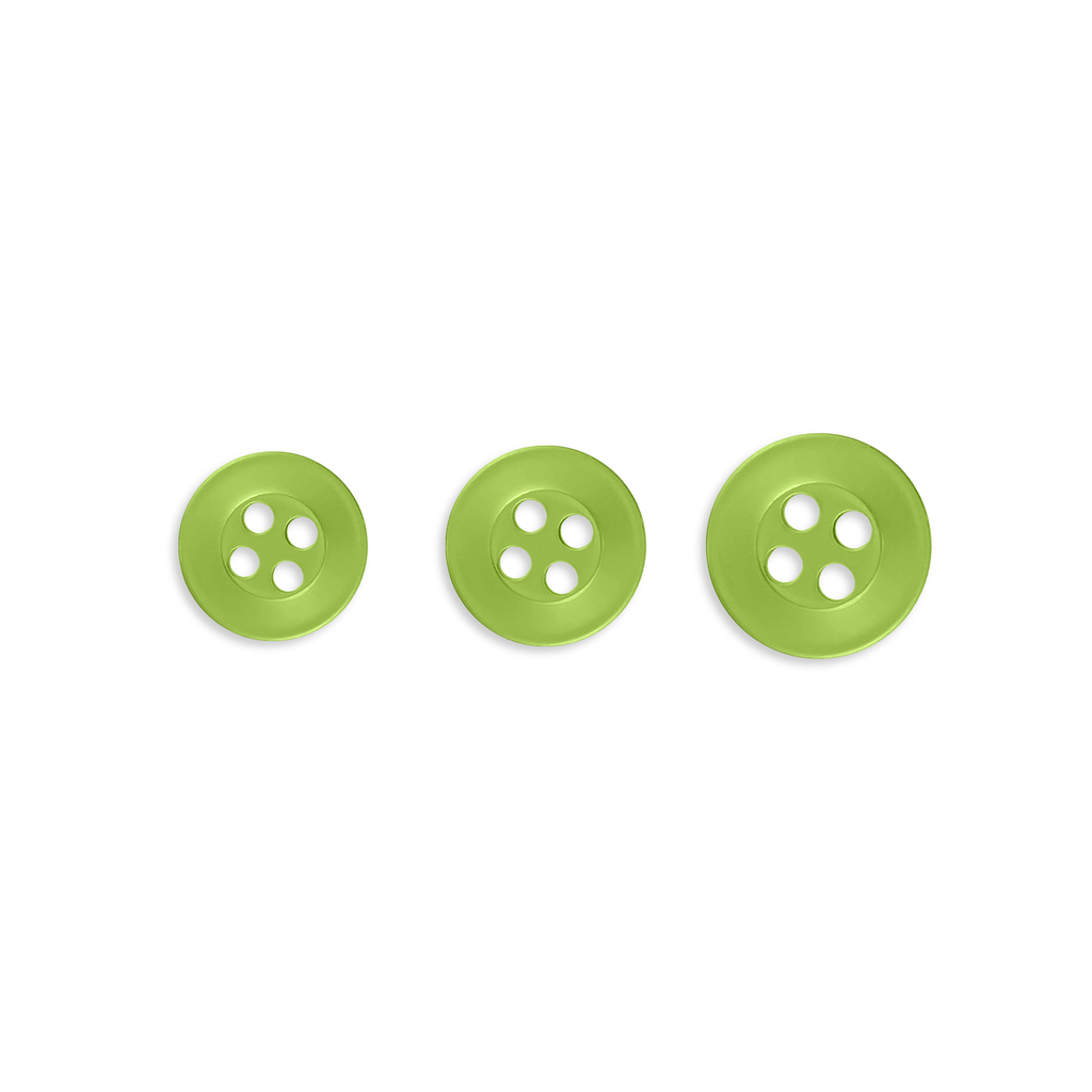 Three Replacement Shirt Buttons in green poly-nylon, each a different size, arranged in a row on a white background—ideal for any tailor's kit.
