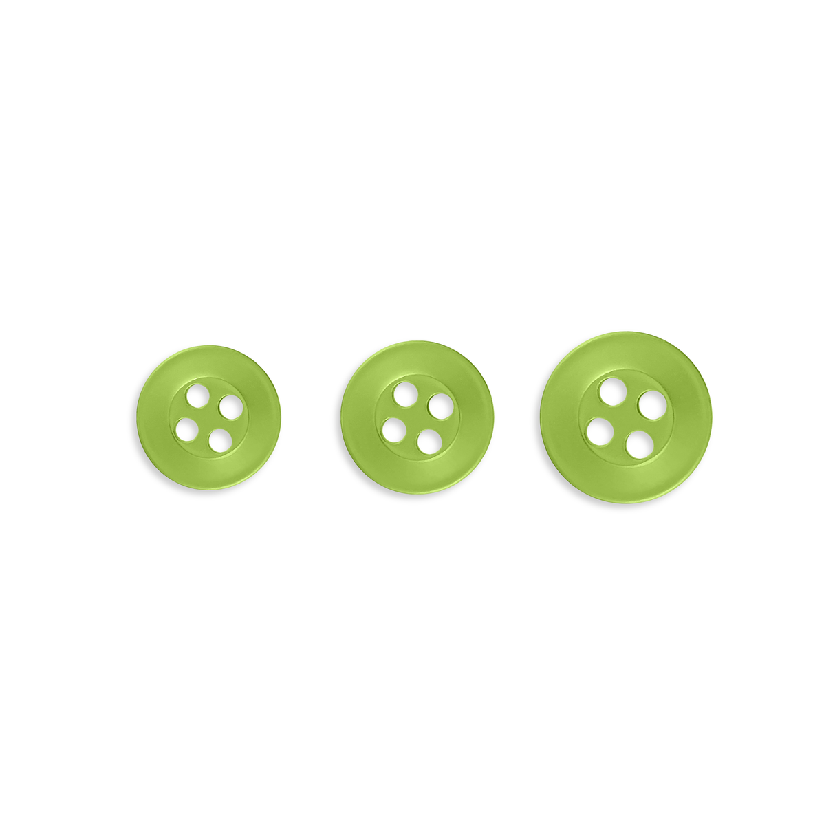 Three Replacement Shirt Buttons in green poly-nylon, each a different size, arranged in a row on a white background—ideal for any tailor's kit.