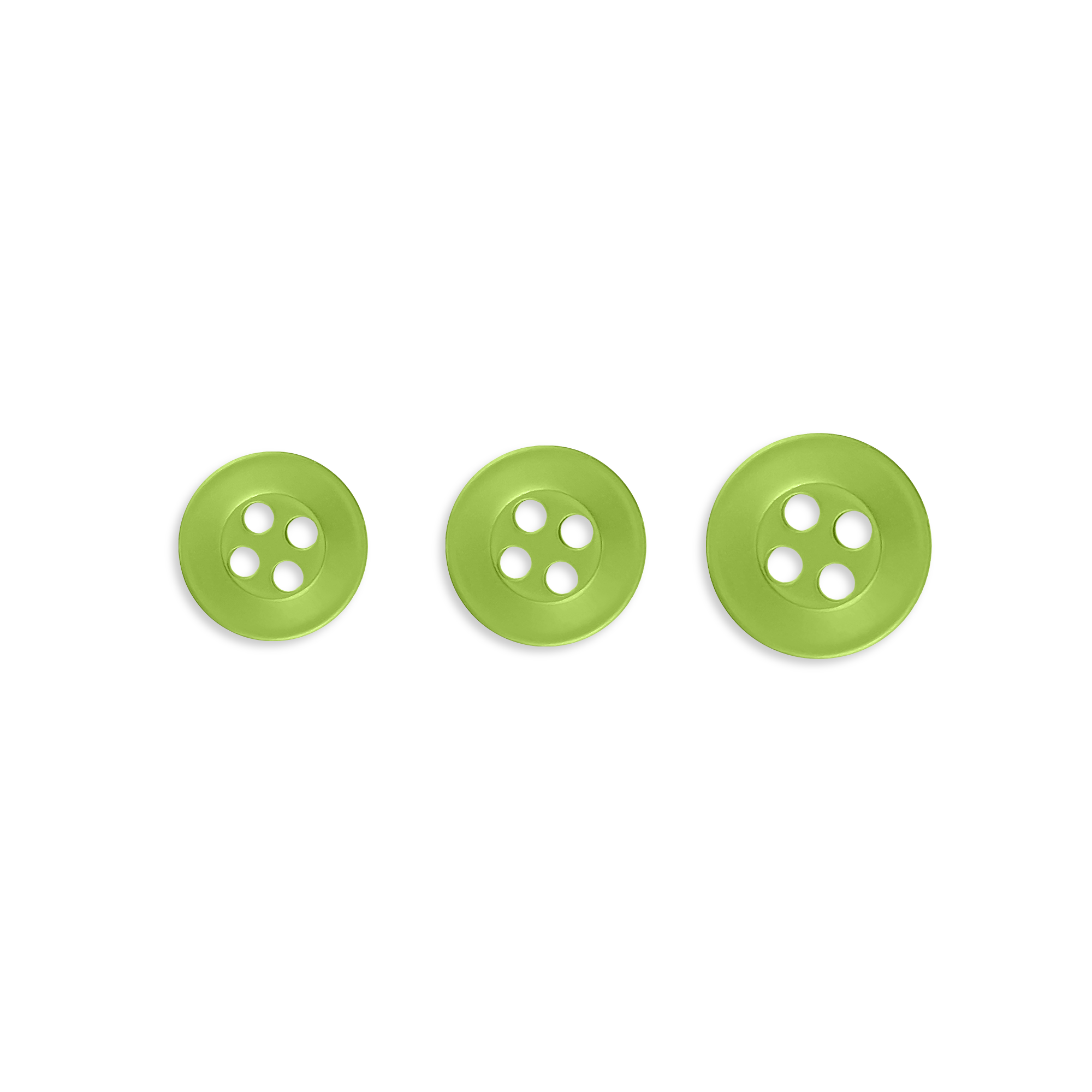 Three Replacement Shirt Buttons in green poly-nylon, each a different size, arranged in a row on a white background—ideal for any tailor's kit.