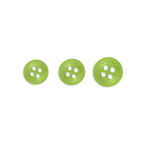 Three Replacement Shirt Buttons in green poly-nylon, each a different size, arranged in a row on a white background—ideal for any tailor's kit.