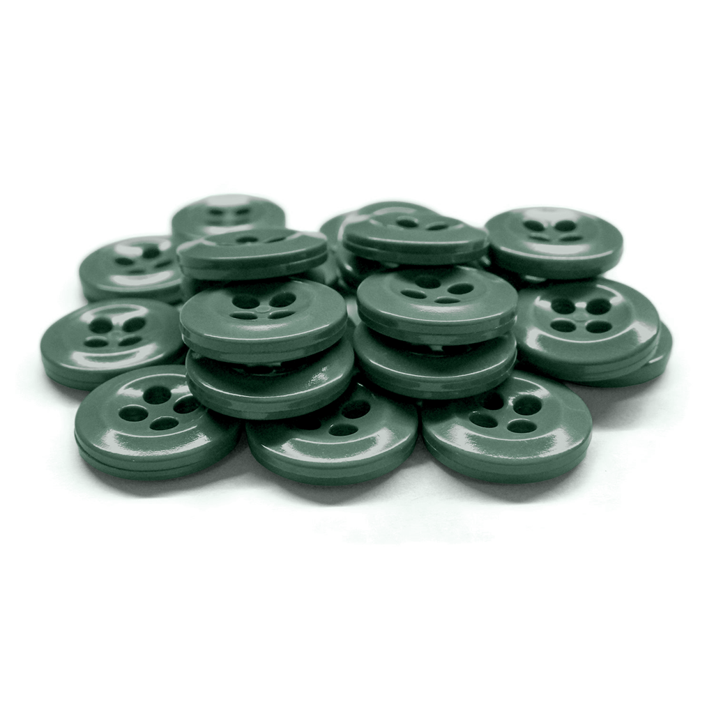 A stack of green Work Shirt Buttons 22 Pack, each with four holes, arranged on a white surface.