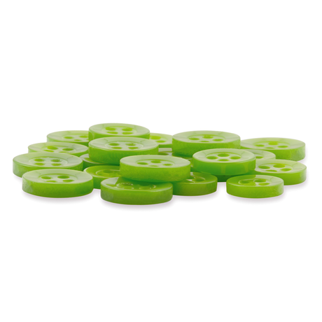 A pile of round, green, matte finish Replacement Shirt Buttons with four holes is arranged on a white background—ideal for any tailor’s kit.