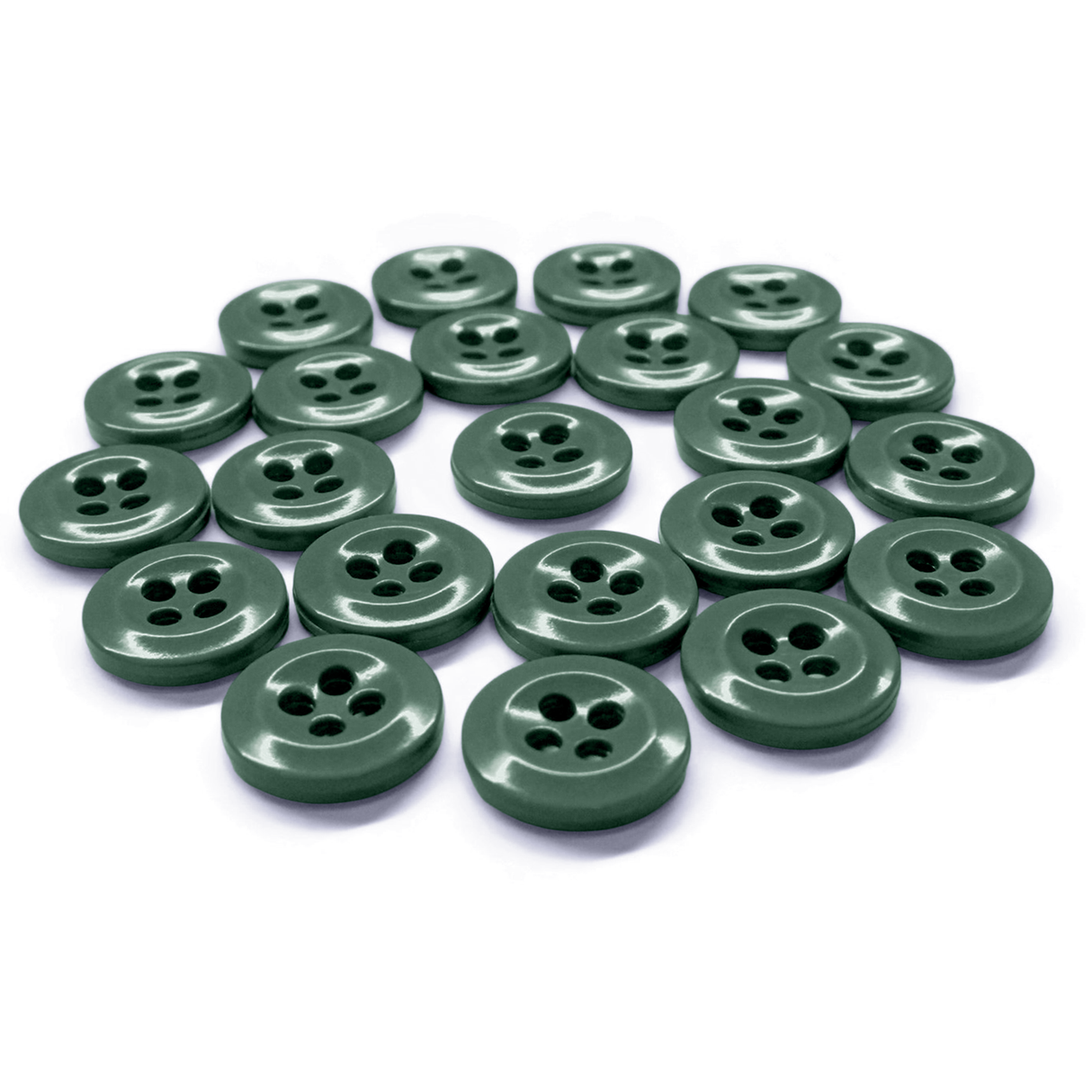 Several Work Shirt Buttons, green, round, and with four holes in military spec style, arranged in a circle on a white background.