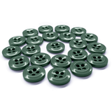 Several Work Shirt Buttons, green, round, and with four holes in military spec style, arranged in a circle on a white background.