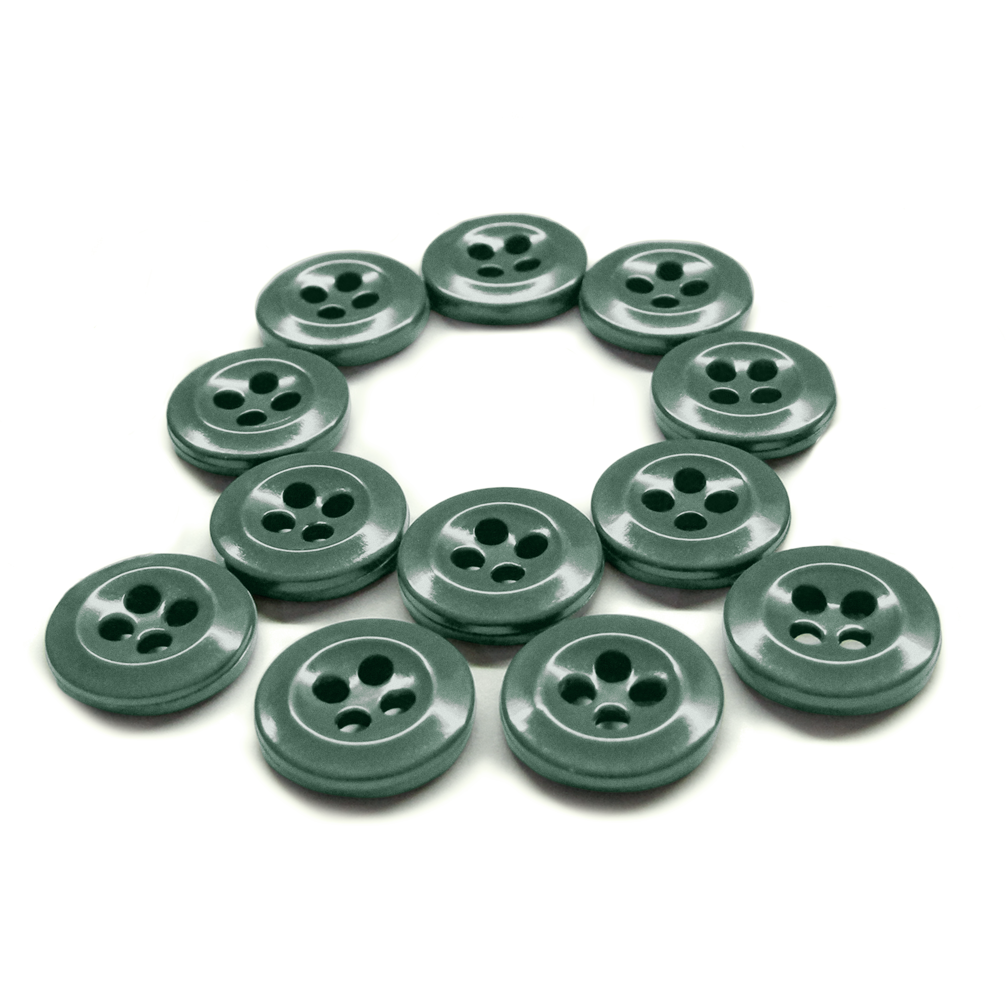 Twelve Work Shirt Buttons from the 12 Pack set, arranged in a circle on a white background.