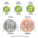 Replacement Shirt Buttons in green poly-nylon, available in 9mm, 10mm, and 11mm sizes; shown next to a US dime and penny for scale—durable choices perfect for any tailor's kit.