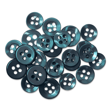 A pile of shiny blue Replacement Shirt Buttons, ideal for any tailor’s kit, scattered on a white background.