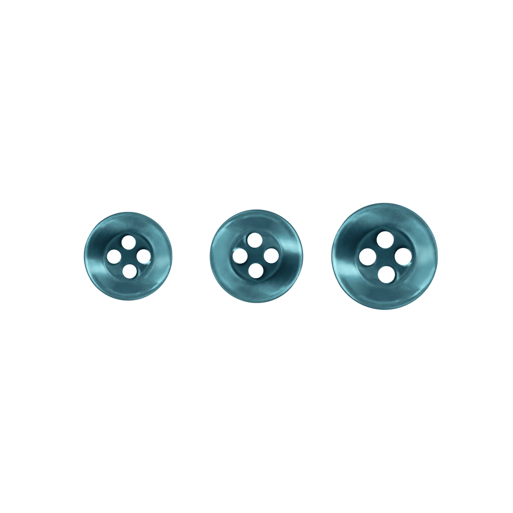 Three Replacement Shirt Buttons in blue poly-nylon of different sizes are arranged in a row on a white background.