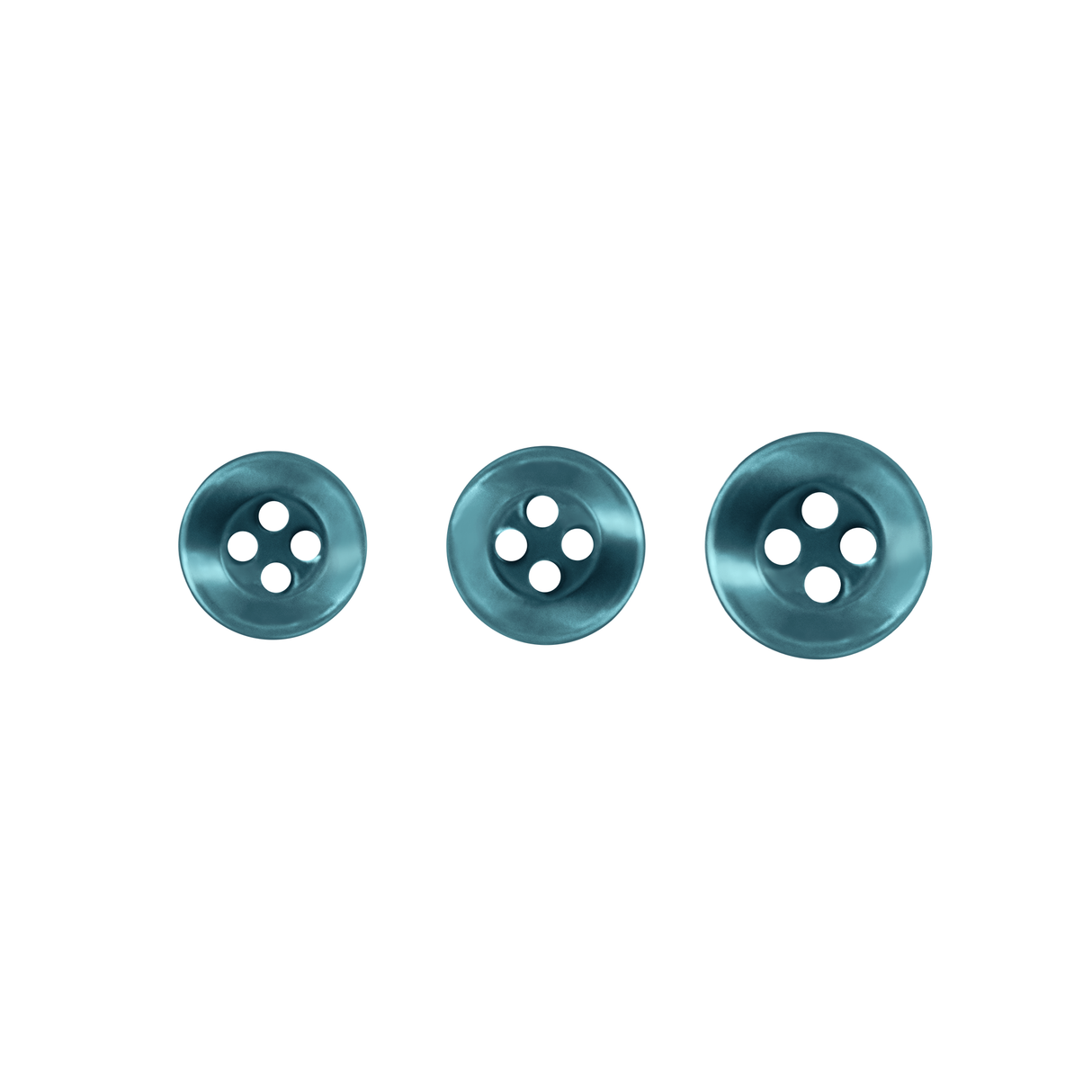 Three Replacement Shirt Buttons in blue poly-nylon of different sizes are arranged in a row on a white background.