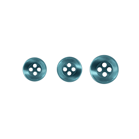Three Replacement Shirt Buttons in blue poly-nylon of different sizes are arranged in a row on a white background.