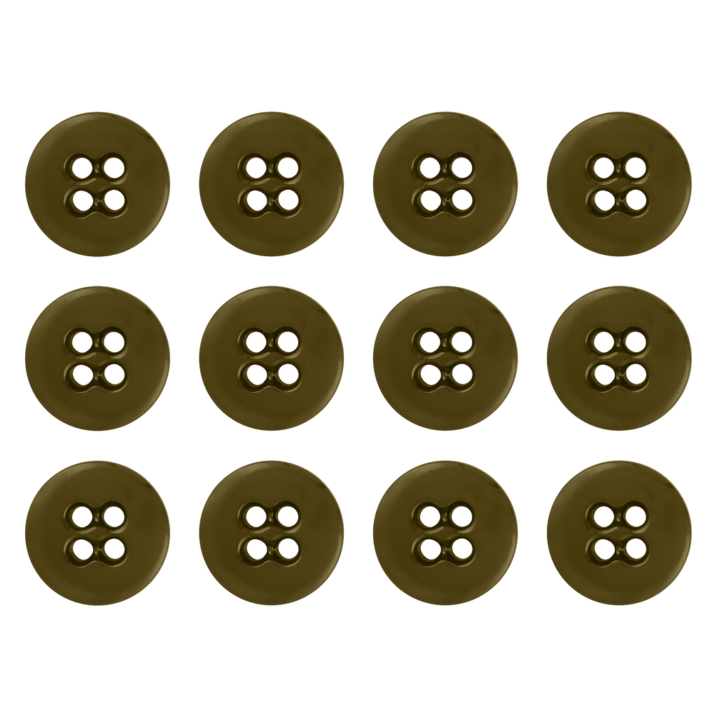 Twelve Suspender Brace Pant Buttons, brown with four holes, are arranged in a grid pattern on a white background.