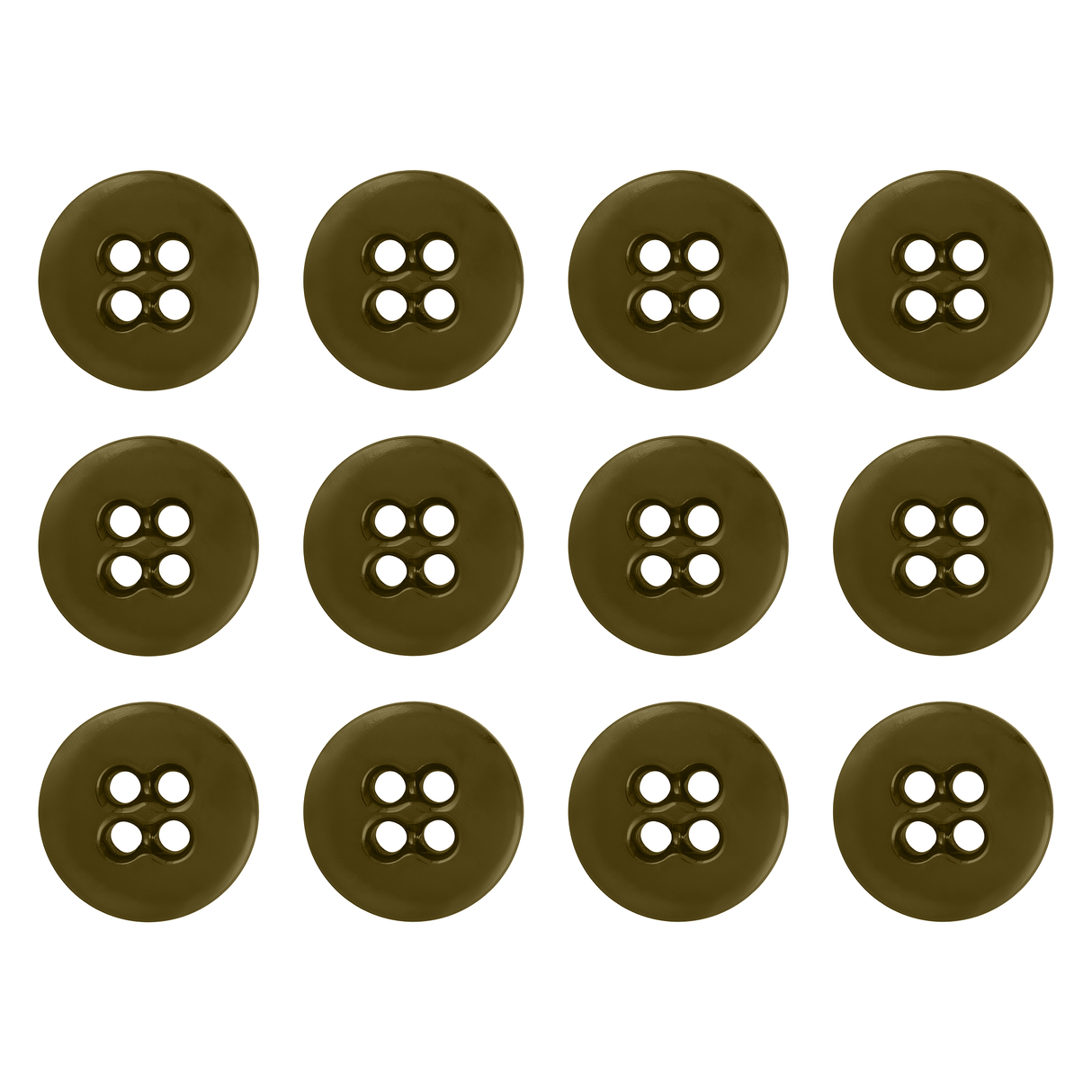Twelve Suspender Brace Pant Buttons, brown with four holes, are arranged in a grid pattern on a white background.