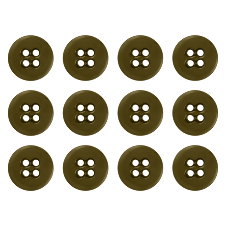 Twelve Suspender Brace Pant Buttons, brown with four holes, are arranged in a grid pattern on a white background.