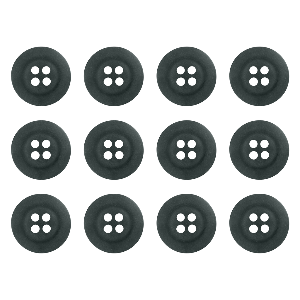 Twelve Khakis, Chinos and Casual Cotton Pant Buttons, black with four holes each, arranged in a 3x4 grid on a white background.