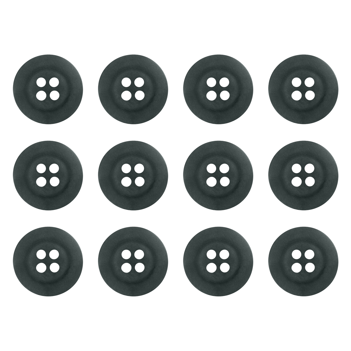 Twelve Khakis, Chinos and Casual Cotton Pant Buttons, black with four holes each, arranged in a 3x4 grid on a white background.