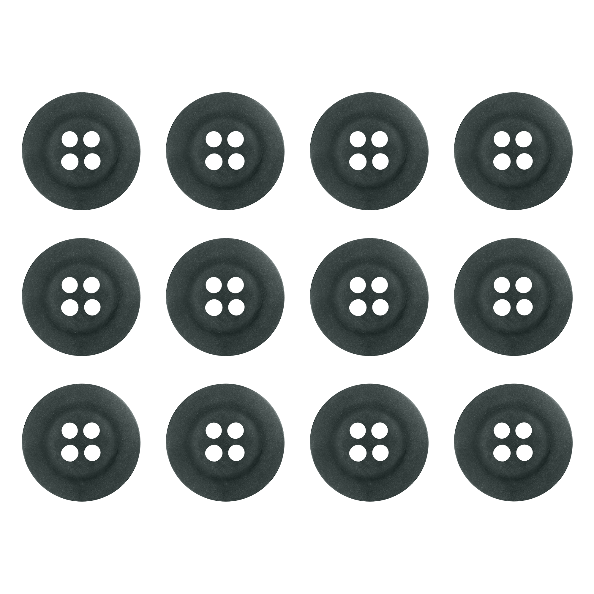 Twelve Khakis, Chinos and Casual Cotton Pant Buttons, black with four holes each, arranged in a 3x4 grid on a white background.